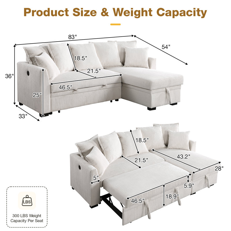83" Convertible Sectional Sofa Bed Reversible Corduroy Pull Out Sleeper Couch With USB Charging & Storage Chaise & Pillows