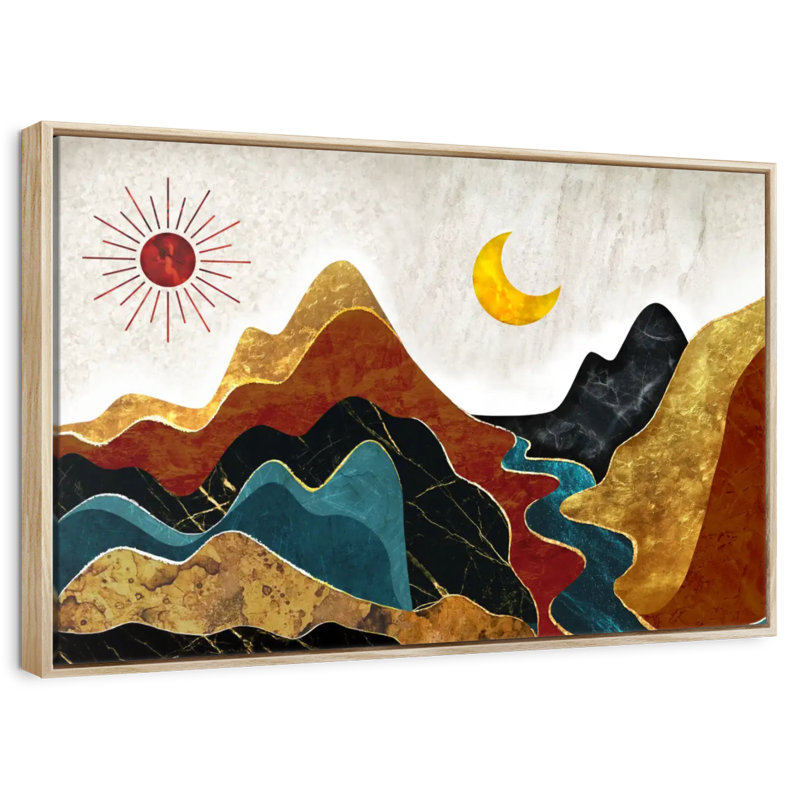 Paysage de montagne texturé abstrait, Cadre flottant en bois naturel, 31 po x 21 po
