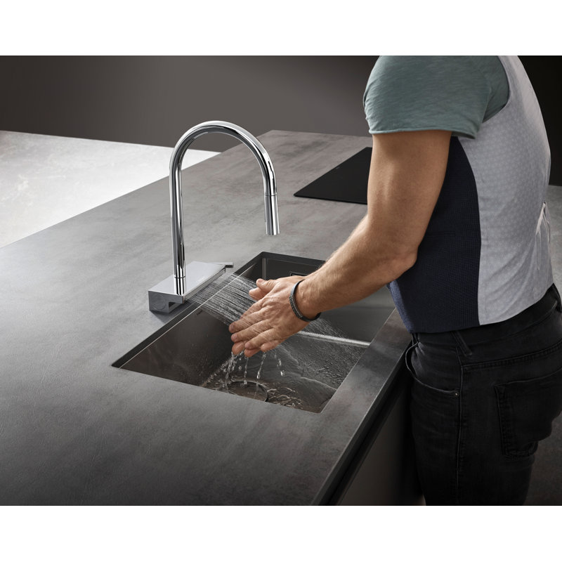 Robinet de cuisine à 3 jets avec bec rétractable avec sBox Aquno Select, 1,75, Chrome poli noir