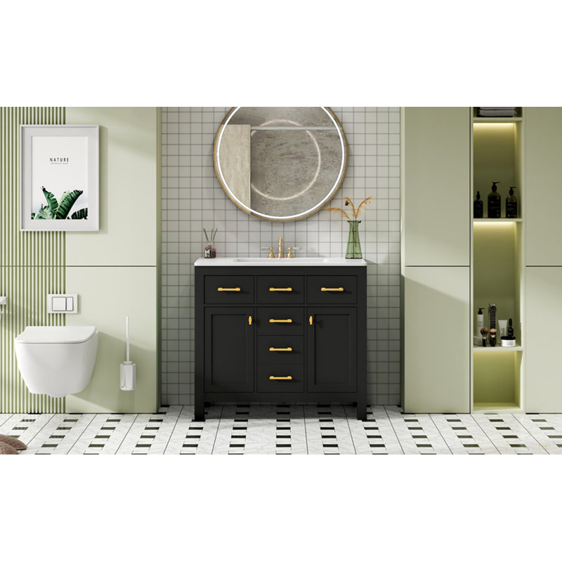 Ensemble de meuble-lavabo 36 po avec lavabo en céramique, meuble-lavabo simple autoportant moderne à 4 tiroirs et 2 armoires, meuble de rangement pour la salle de bain, ensemble de meuble-lavabo à cadre en bois massif
