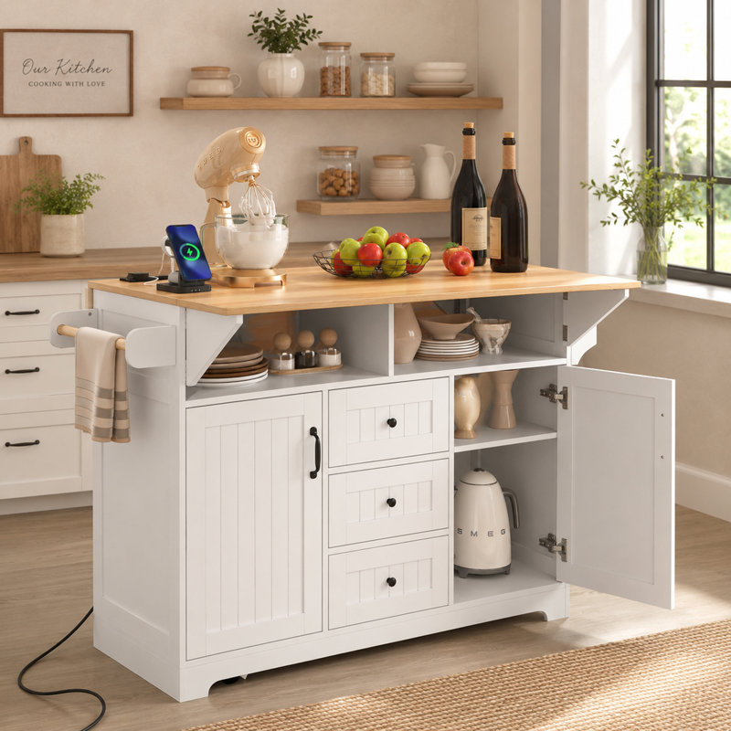 55" Rolling Kitchen Island with 2 Drop Leaves, Power Outlet, 3 Drawers & Storage Cart, Brown/White