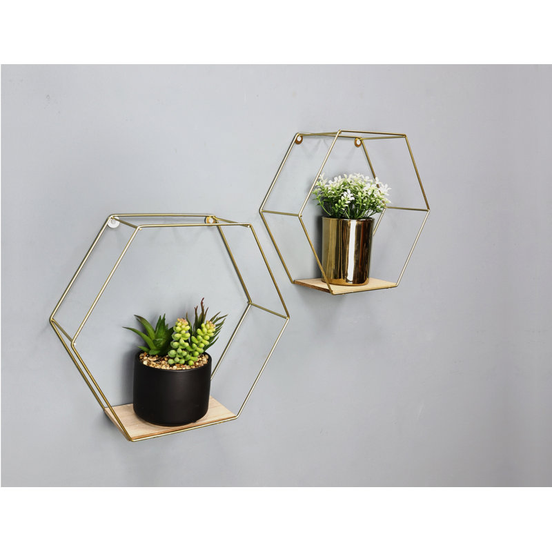 Brandais 2 Piece Hexagon Floating Shelf, Gold