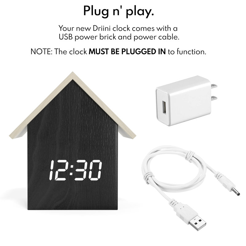 Digital House-Shaped Alarm Clock with Temperature Display & White LED Dimmer, Dark Wood/White