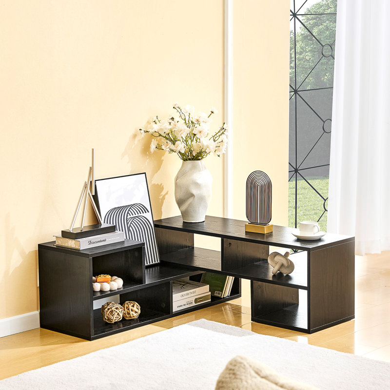 Meuble télé réglable modulaire, console de rangement ouverte noire, centre de divertissement moderne avec plusieurs compartiments, tablette multimédia Freestyle pour la chambre du salon
