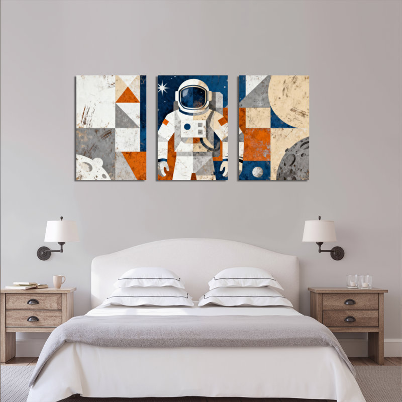 «Retro Astronaut Space Exploration», impression sur toile tendue à motif géométrique rétro (ensemble de 3), H 36 po x l 72 po