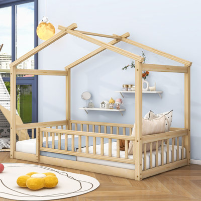 Structure de lit en bois avec clôture Akeiba, pour enfants, adolescents