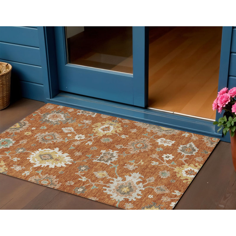 3' X 5' Orange Ivory And Gray Floral Washable Indoor Outdoor Area Rug