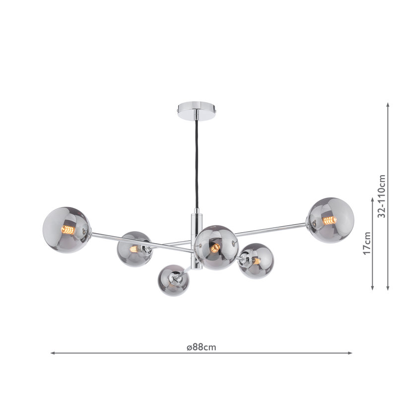 Vignette 6LT PENDANT POL CHR CW GLS 10CM, Polished Chrome/Smoked, 127cm H x 80cm W x 80cm D