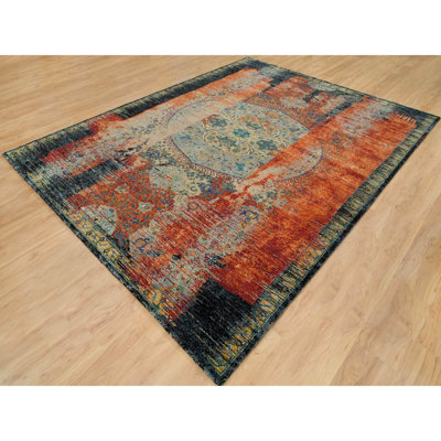 Tapis orange en laine New Age unique 9 pi 2 po x 12 pi Rodeny