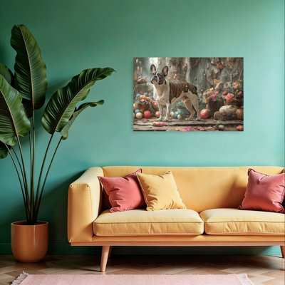 Bouledogue français, Pâques, fleurs, impression de chien de bouledogue rustique coloré, printemps, impression murale