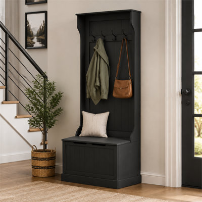 Arbre d'entrée de 67,1 pouces de hauteur multifonctionnel avec banc de vestibule noir avec crochets et rangement pour chaussures