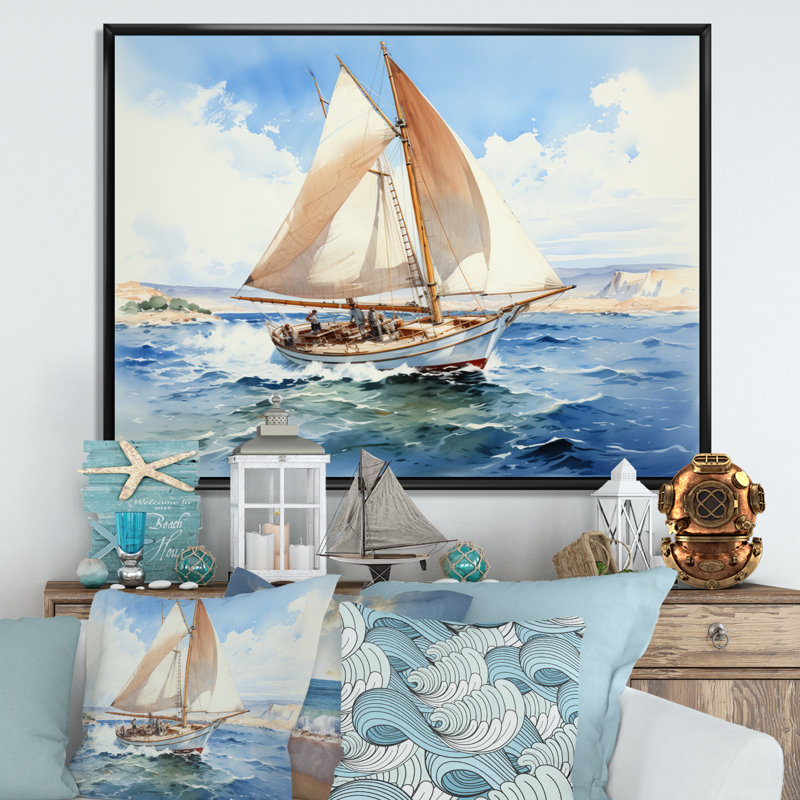 Voilier dans le vent III sur toile, H 34 po x l 44 po x P 1,5 po, Cadre flottant noir