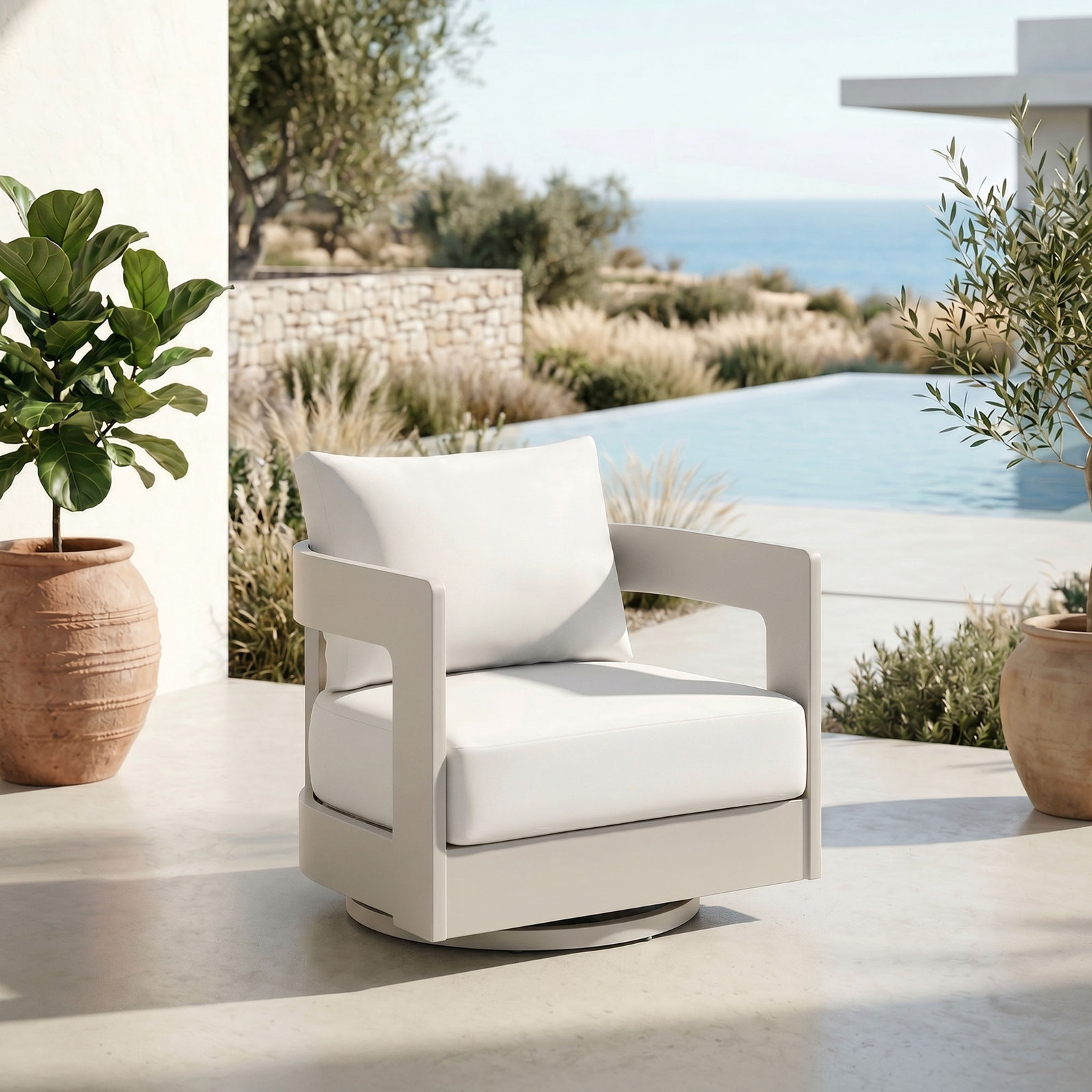 Frances Sunbrella® Swivel Patio Lounge Chair, White Cushion/Champagne Frame
