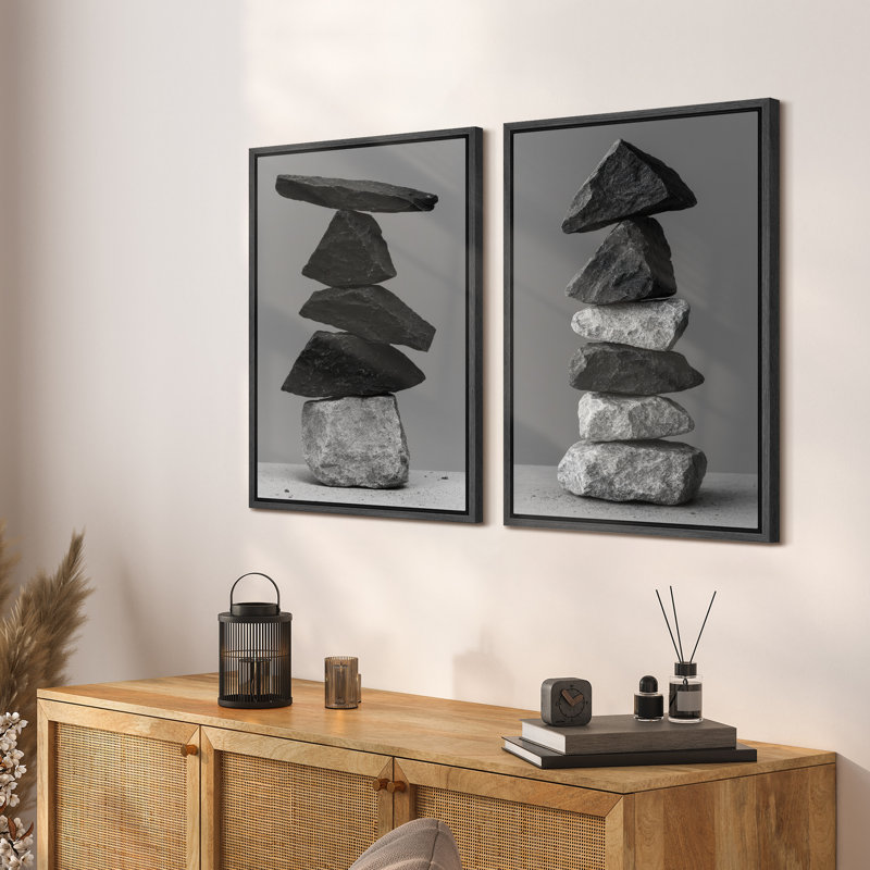 Zen Stone Balance Black and Gray Minimal Nature - Reproduction d'art sur toile encadrée 2 pièces, H 24 po x l 32 po