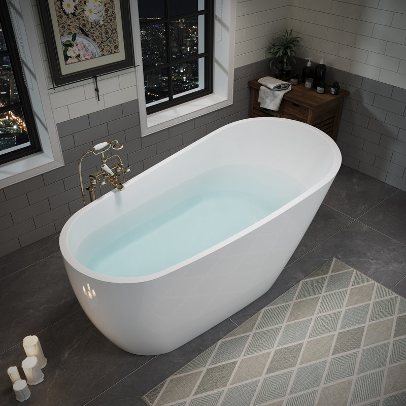  60" x 29.53" Acrylic Freestanding Bathtub, Deep Soaking Bathtub with Brushed Gold Pop-up Drain & Integrated Overflow for Bathroom Spa, Glossy White
