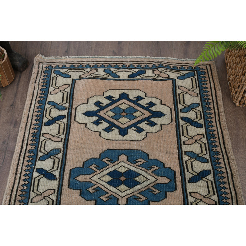 Tapis bleu classique en laine à motif géométrique 32,3 x 48,8 pouces