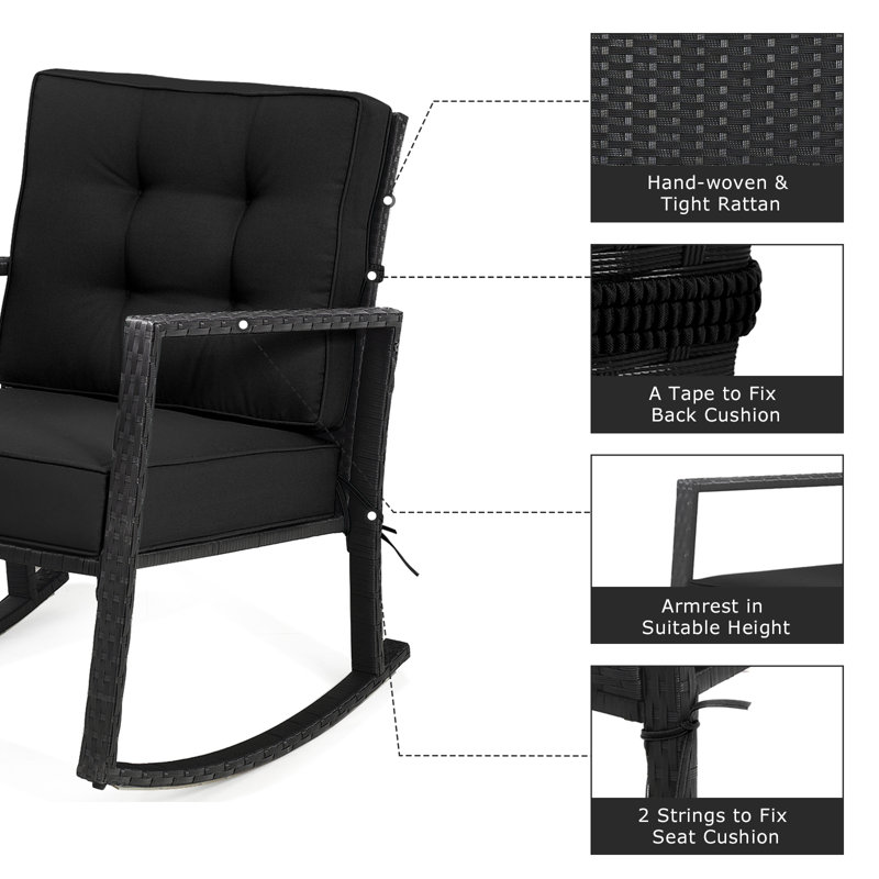Black Wicker Outdoor Rocking Chairs with Cushions, Set of 2