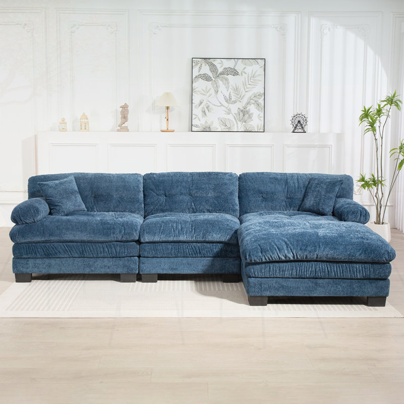 Canapé modulaire en L à assise profonde, Chenille bleu