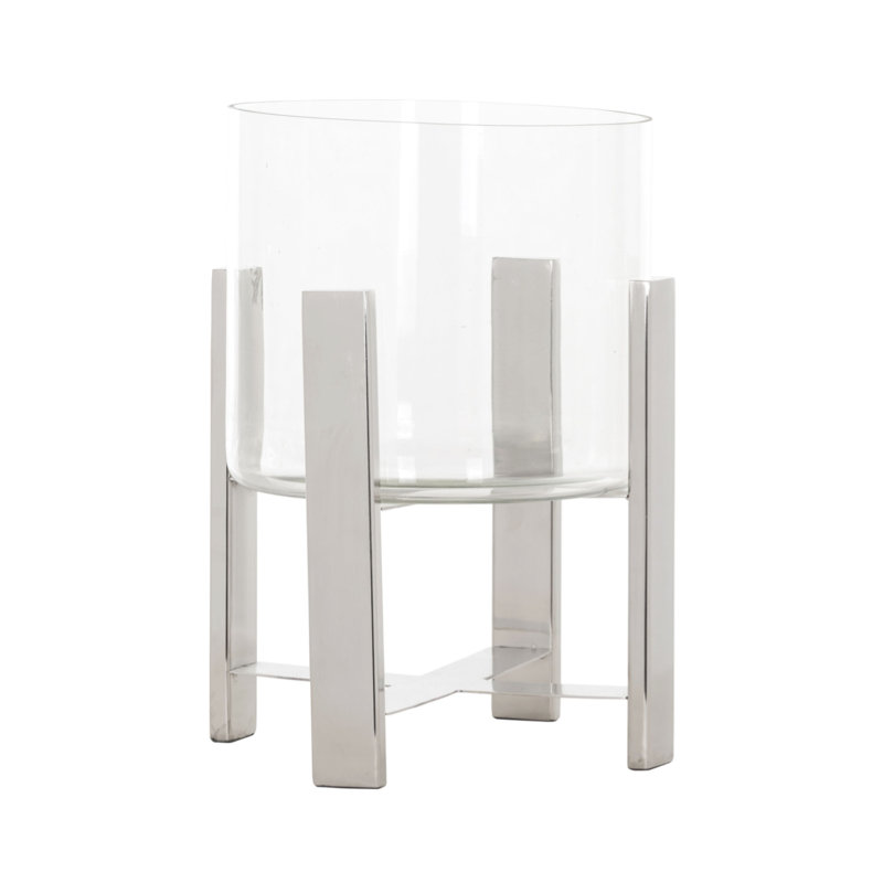 Tiko 11'' Clear Glass and Stainless Steel Hurricane Candleholder