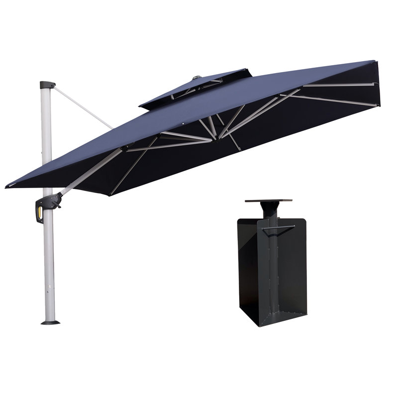 Parasol carré en porte-à-faux 144 po avec base relevable à manivelle Senzer, Bleu marine