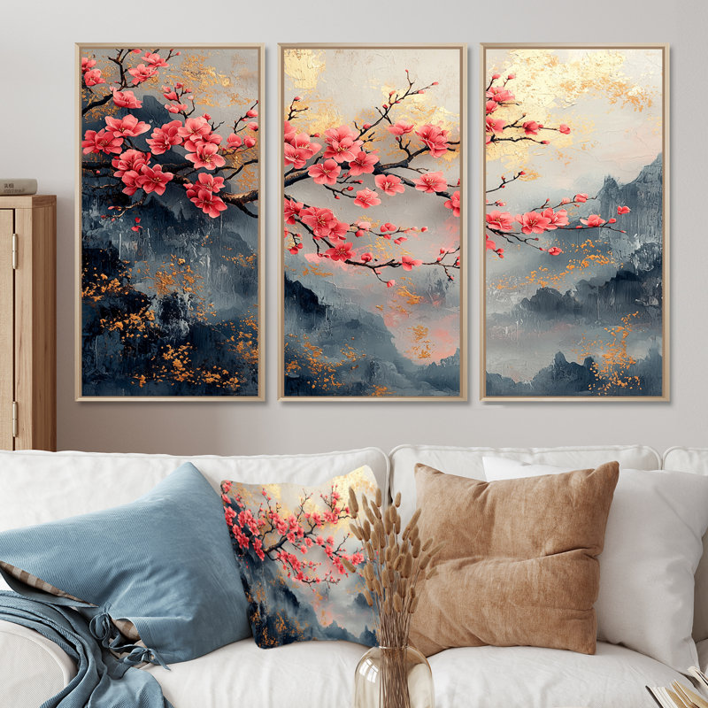 Rose, bleu, cerisier en fleurs, branche en Chine - ensemble d'art mural fleur de cerisier, H 28 po x l 36 po x P 1 po