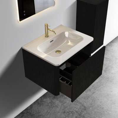 Ensemble de meuble-lavabo 24 po - Chêne noir rayé, élément décoratif en céramique blanche Brilliance
