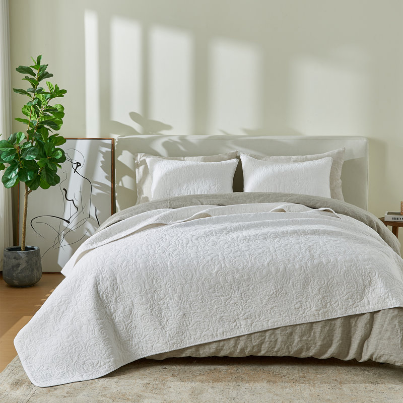 Ensemble de courtepointe 100% coton avec détails surpiqués Boho, Courtepointe double/grand et 2 taies décoratives