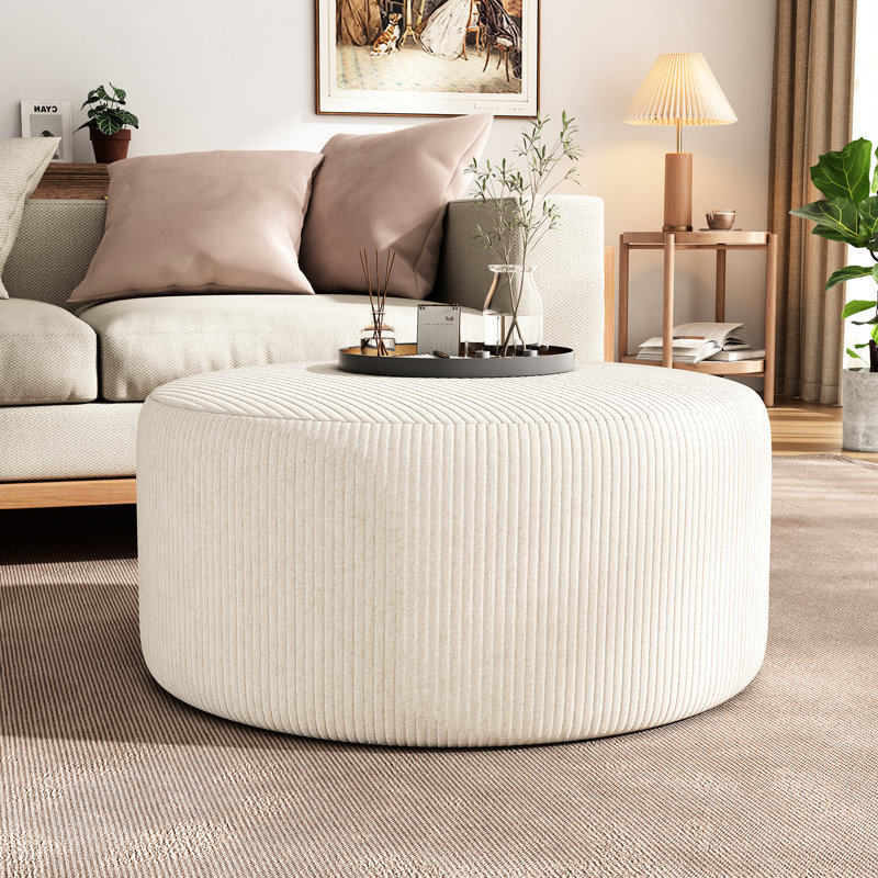 Rond avec revêtement en velours côtelé beige - 30,85 x 16,71, siège confortable en mousse dense et système de ressorts, pièce de décor polyvalente revêtue de 30,50 de large, profonde, 16,25 de haut, élégance minimaliste, parfaite