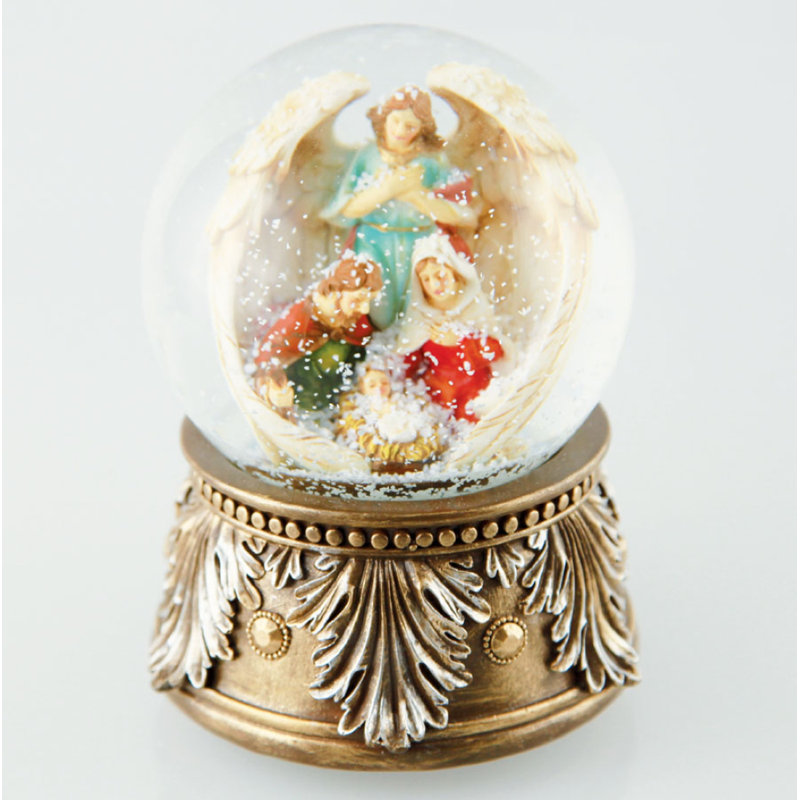 Maria. Figurine Joseph et l'enfant Jésus sous les ailes d'un ange dans un globe de neige