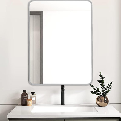 Miroir mural argenté de 24 po x 32 po pour salle de bain - Verre trempé, rouille, cadre facile à installer, alliage rouille 4 mm, film incassable