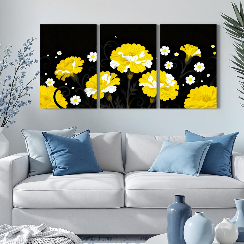 Tableau sur toile à motif floral jaune et blanc (paquet de 3), H 18 po x l 36 po