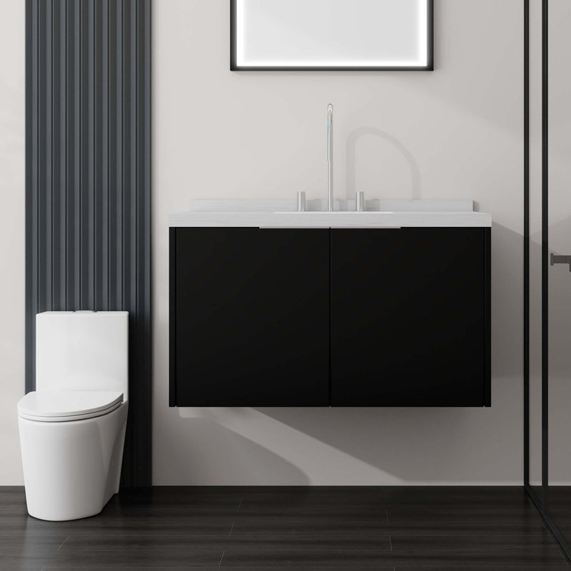 Meuble-lavabo flottant moderne avec comptoir en marbre de culture et lavabo à fermeture en douceur, Noir