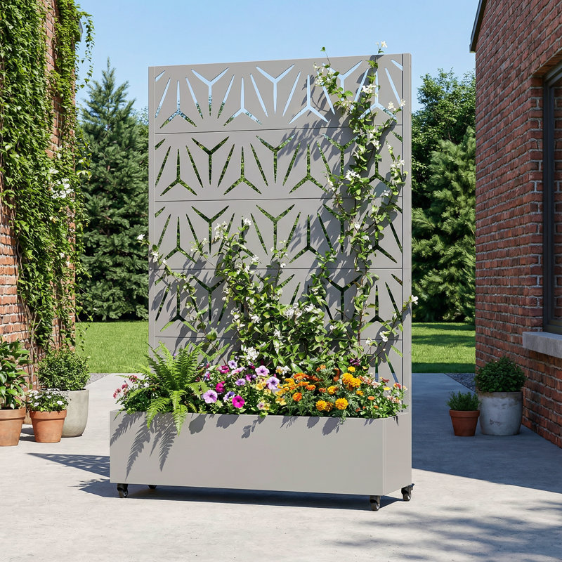 Metal Planter Box with Trellis with Wheels, 72" H x 47" W x 16" D, Gray