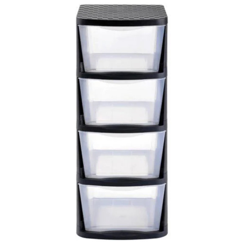 Tour de rangement à 4 tiroirs en plastique transparent avec cadre noir