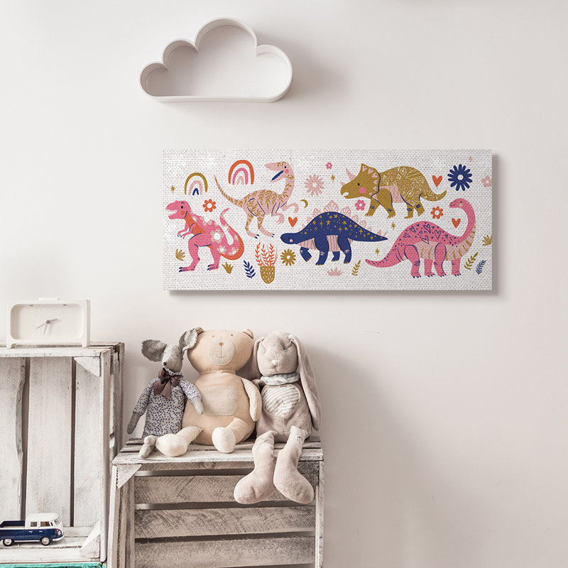 Joyeux dinosaures fantaisistes avec des fleurs arc-en-ciel, H 13 po x l 30 po x P 1,5 po, Toile tendue