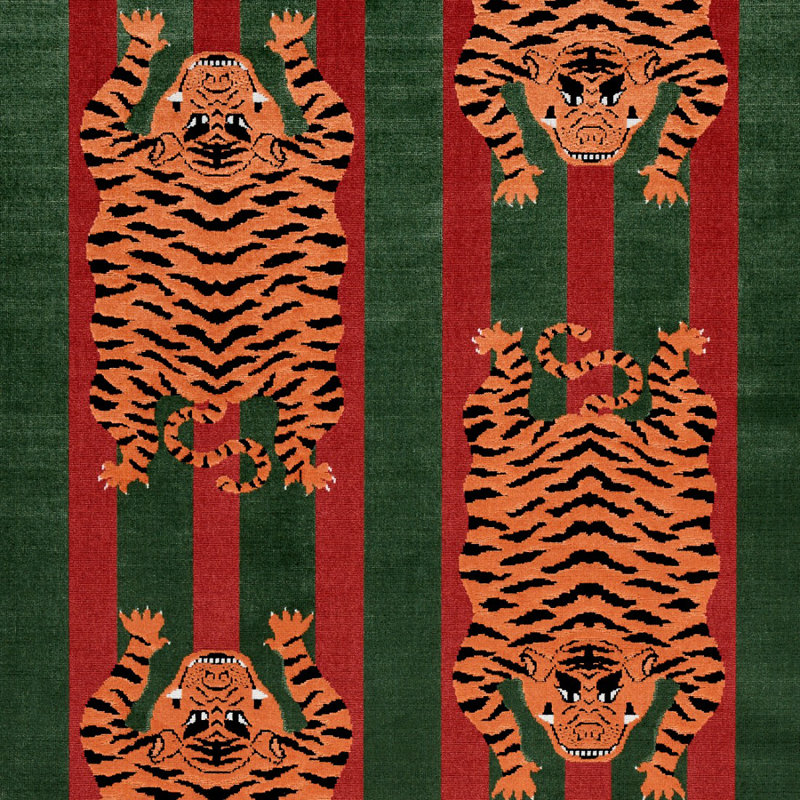 Schumacher x Johnson Hartig Jokhang Tiger Velvet Fabric, Green/Red