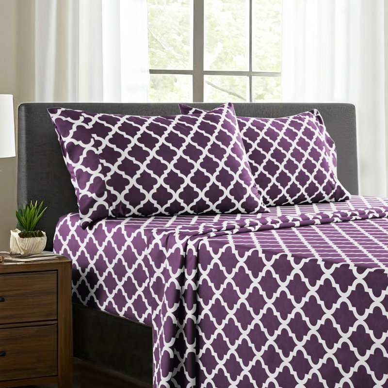 Lux Decor Collection 4 Pc Soft Microfiber Bed Sheets Set Geometric Quatrefoil Bedding, Purple