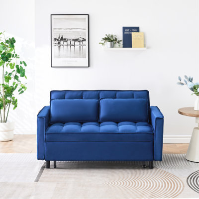 Lit en velours bleu de 55 pouces avec cadre en fibre de coton et en bois massif, pour décoration d'appartement