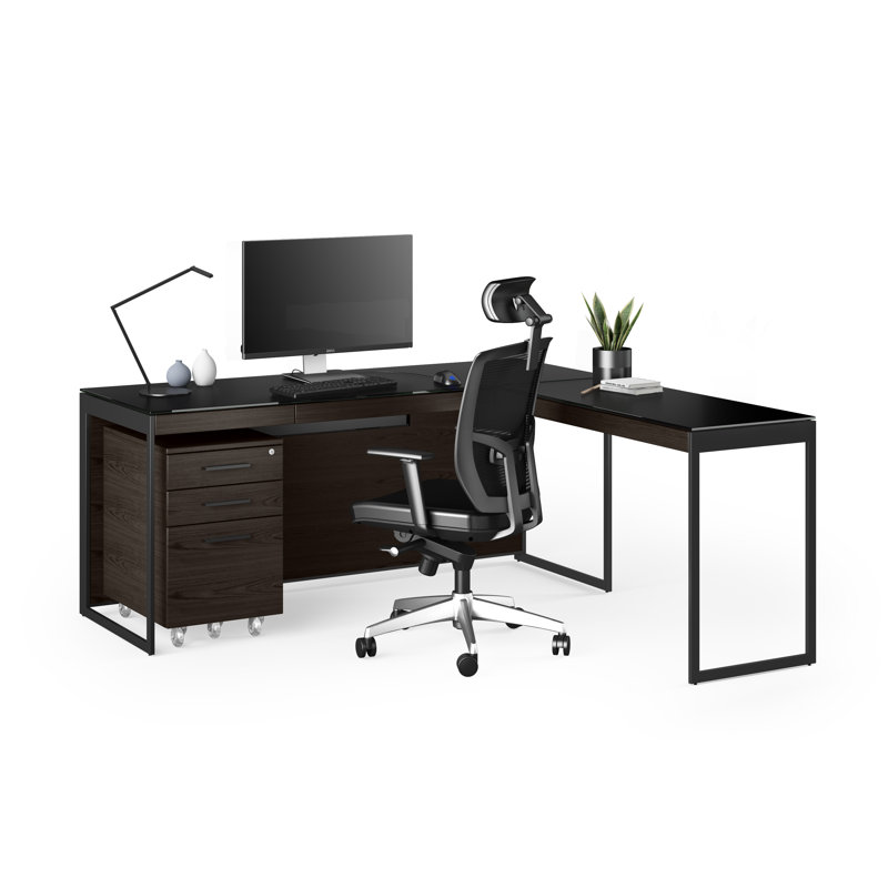 Sequel 20 Glass Writing Desk, Charcoal Stained Ash/Black, 24.75" H x 66" W x 24" D