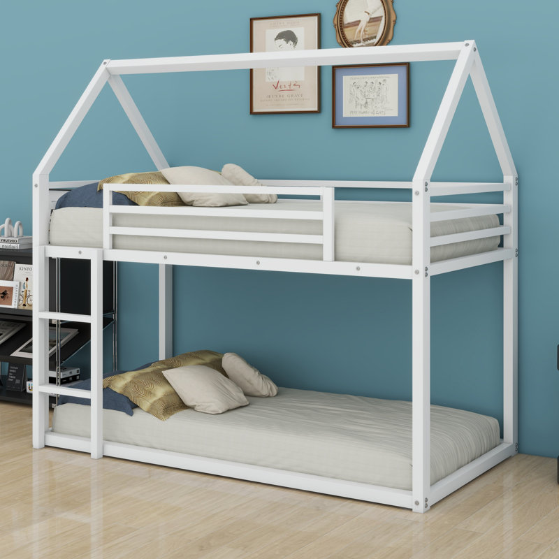 House Bunk Bed With Built-In Ladder, White