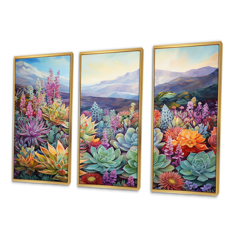 «Green Succulent Desert Charm I», ensemble d'art mural sur toile, Cadre flottant doré, H 32 po x l 48 po x P 1 po