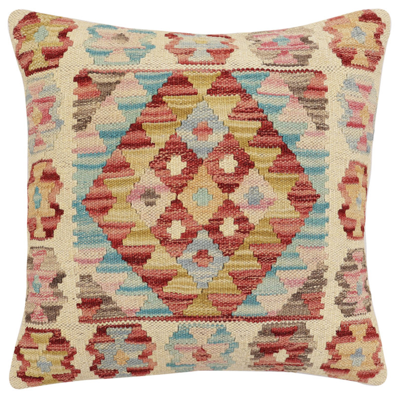 Coussin Bohemien Orville, H 17 po x l 18 po, Rouge / Jaune / Beige