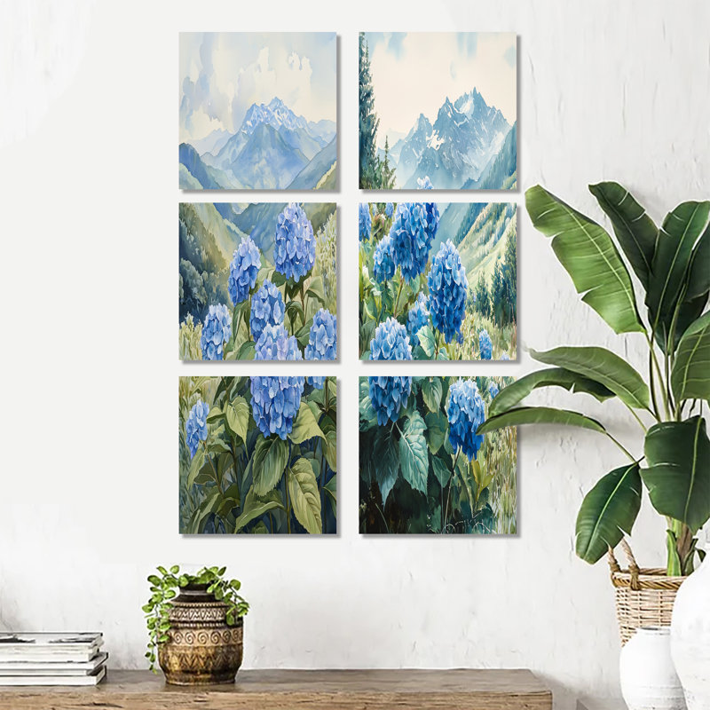 Hortensias dans la prairie de montagne - ensemble de 6 décorations murales florales, Toile tendue, Ne s’applique pas