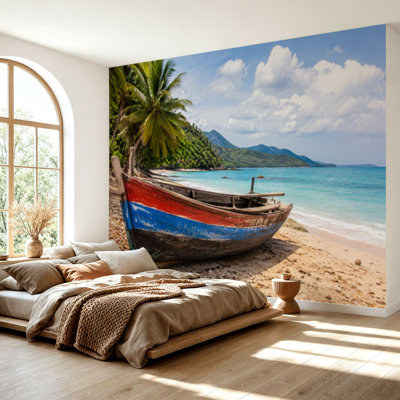 Wall Mural Peel and Stick Wallpaper Old Fishing Boat Jacmel Haiti beach Sea Fishing Self-Adhesive Removable Contact Paper Wall Decor for Living Room Bedroom 69"H x 96"W