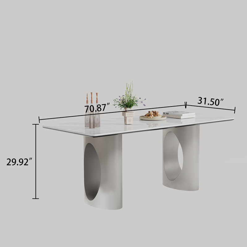 70.87" Stone Top Dining Table with Dual Oval Pedestal Metal Base, Seats 6–8, Silver