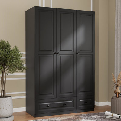 Armoire 3 portes avec 2 tiroirs - Armoire de rangement haute avec tringle