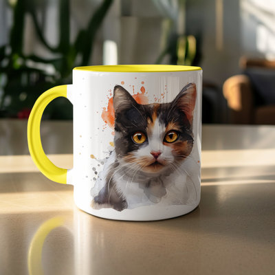 Cat Design 11oz Accent Mug – Ceramic Coffee Cup with Colored Handle and Interior