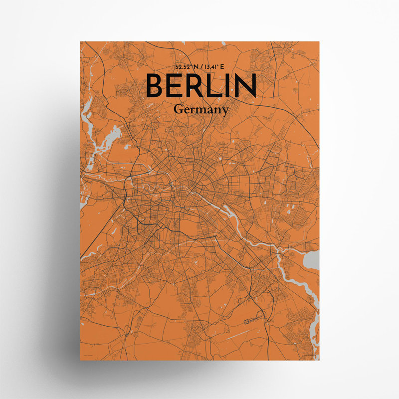Berlin City Map In Orange - No Frame Print, 24cm H x 18cm W x 0.05cm D