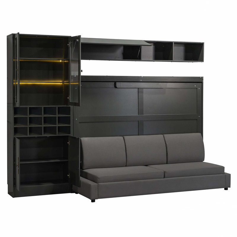Lit escamotable double pleine grandeur avec canapé, tablettes USB et lumière, Grey