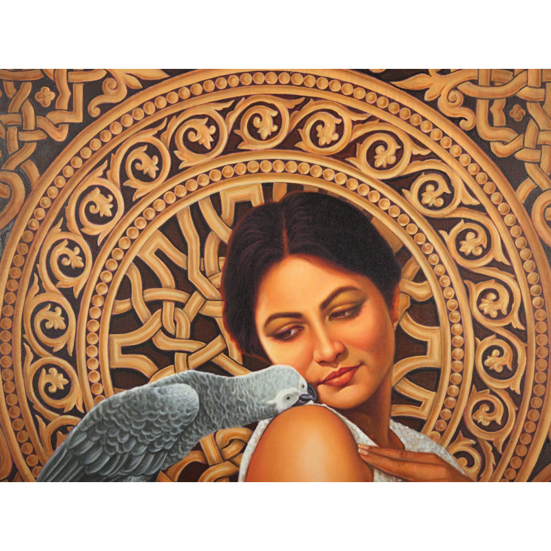 Beauté et perroquet gris | Peinture à l'huile sur toile avec cadre